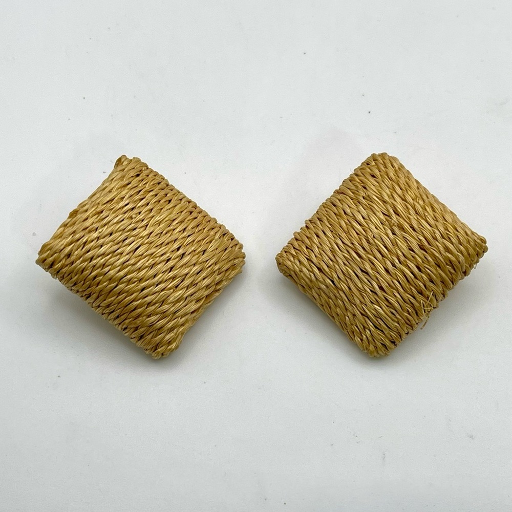 Rustic Jute Square Clip Earrings Statement Boho Vibe Neutral - Picture 7 of 16